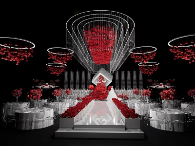 Elegant Banquet Hall With Red Decorations Circular Chandeliers Central Aisle And White Tables 3d model