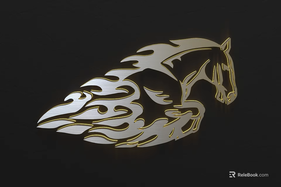 Artistic Shiny Metallic Horse Shape Wall Decor With Flame Design 3d model 