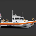 Coast Guard Rescue Boat With Orange Accents Life Rings And US Flag