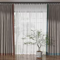Modern Double Layer Curtains Grey Drapes White Sheer Panels and Potted Plant on Wooden Floor