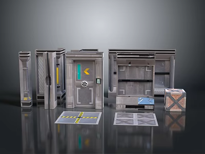 Futuristic Metal Door Designs With Control Panels And Striped Floor Mats 3d model