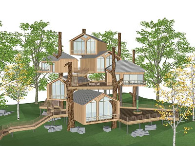 Treehouse Guesthouse Architecture With Multiple Structures Wooden Decks And Surrounding Trees 3d model