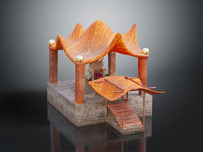 Ancient Historical Pavilion With Orange Canopy Columns Stone Brick Platform And Stairs 3d model