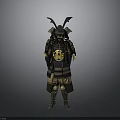 A Man In Traditional Samurai Armor With Bat Like Horns And Golden Emblem