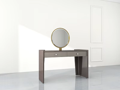 Modern Dark Dressing Table With Round Gold Frame Mirror And Two Drawers In Bright Room 3d model