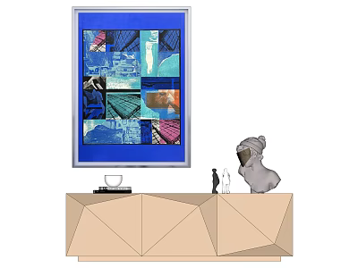 Collage Art Painting In Blue Frame On Geometric Cabinet With Decorative Figurines And Cup 3d model