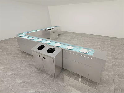 Industrial Equipment With Stainless Steel Curved Countertop Blue Surface And Multiple Indoor Workstation Units 3d model