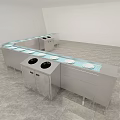Industrial Equipment With Stainless Steel Curved Countertop Blue Surface And Multiple Indoor Workstation Units