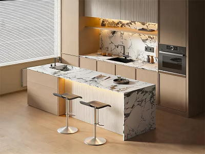 Modern Kitchen Bar Counter With Marble Top Two Stools Lighting And Cabinets 3d model