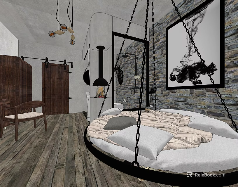 Modern Hotel Guest Room With Circular Swing Bed Wooden Floor Hanging Lights And Wall Art 3d model 