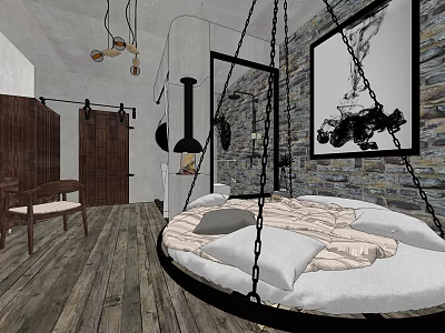 Modern Hotel Guest Room With Circular Swing Bed Wooden Floor Hanging Lights And Wall Art 3d model