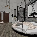 Modern Hotel Guest Room With Circular Swing Bed Wooden Floor Hanging Lights And Wall Art