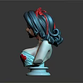 3D Female Bust Sculpture With Black Curly Hair Red Bow And Blue Top