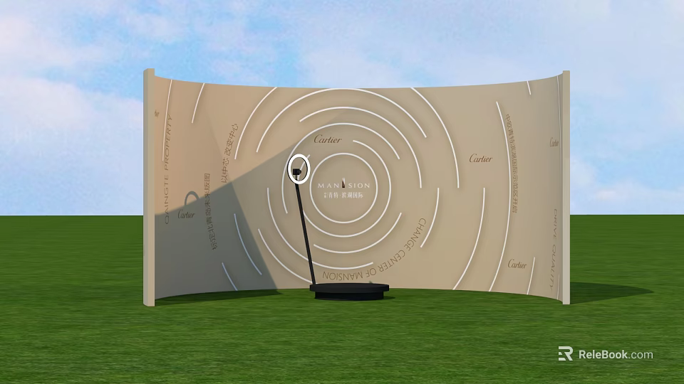 Curved Board With Concentric Circles And Words As Photo Spot In Green Grass Blue Sky 3d model 