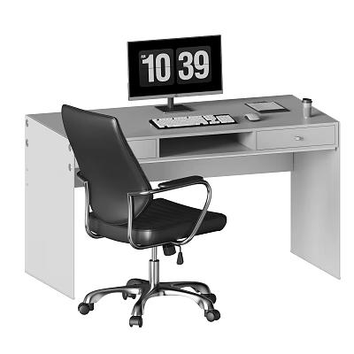 Gray Desk and Black Office Chair Set for Home Office Workspace with Monitor Keyboard Mouse 3d model
