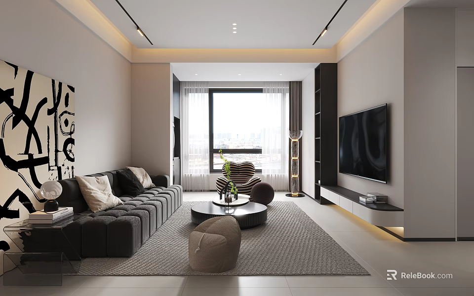 Modern Living and Dining Room Interior With Gray Sofa Coffee Table TV And Large Window 3d model 