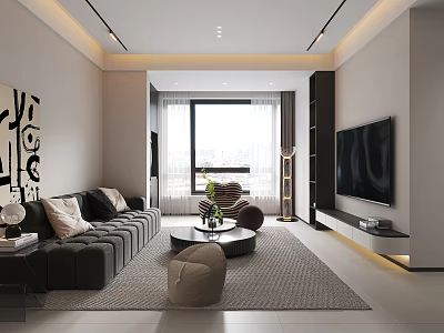 Modern Living and Dining Room Interior With Gray Sofa Coffee Table TV And Large Window 3d model