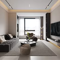 Modern Living and Dining Room Interior With Gray Sofa Coffee Table TV And Large Window