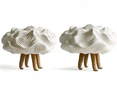 White Cloud Shaped Decorative Ornament Set With Wavy Patterns And Brown Thin Legs 3d model