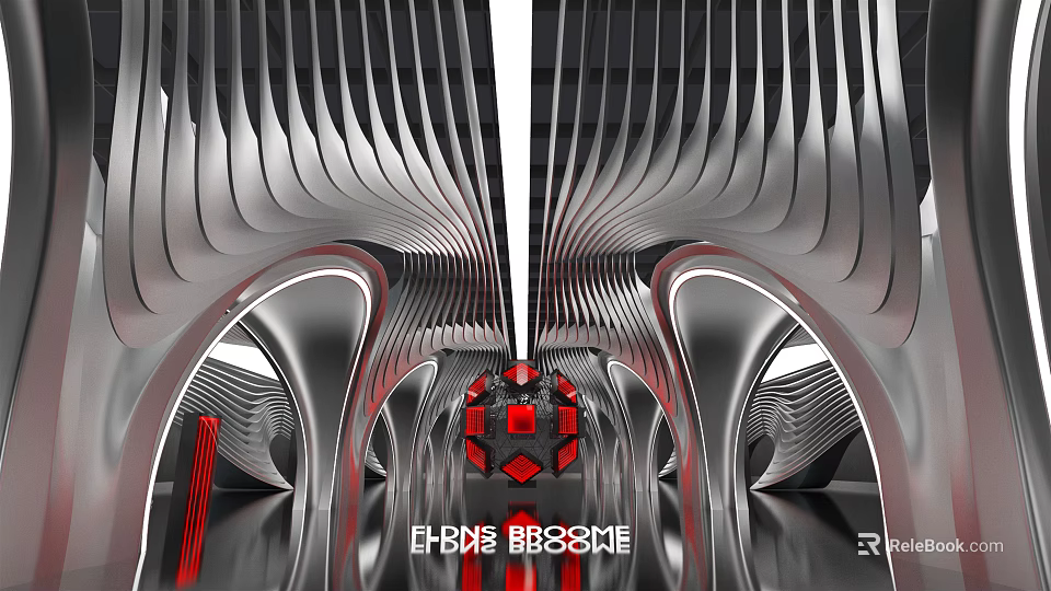 Futuristic Metallic Tunnel Design With Silver Wave Patterns And Red Accents 3d model 