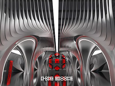 Futuristic Metallic Tunnel Design With Silver Wave Patterns And Red Accents 3d model