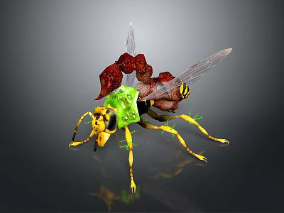 3D Rendered Insect Model with Yellow Black Body Green Transparent Wings and Red Structures 3d model