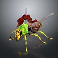 3D Rendered Insect Model with Yellow Black Body Green Transparent Wings and Red Structures