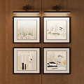 Photo Wall With Four Framed Natural Scenery Artworks On Dark Wooden Wall With Overhead Lights
