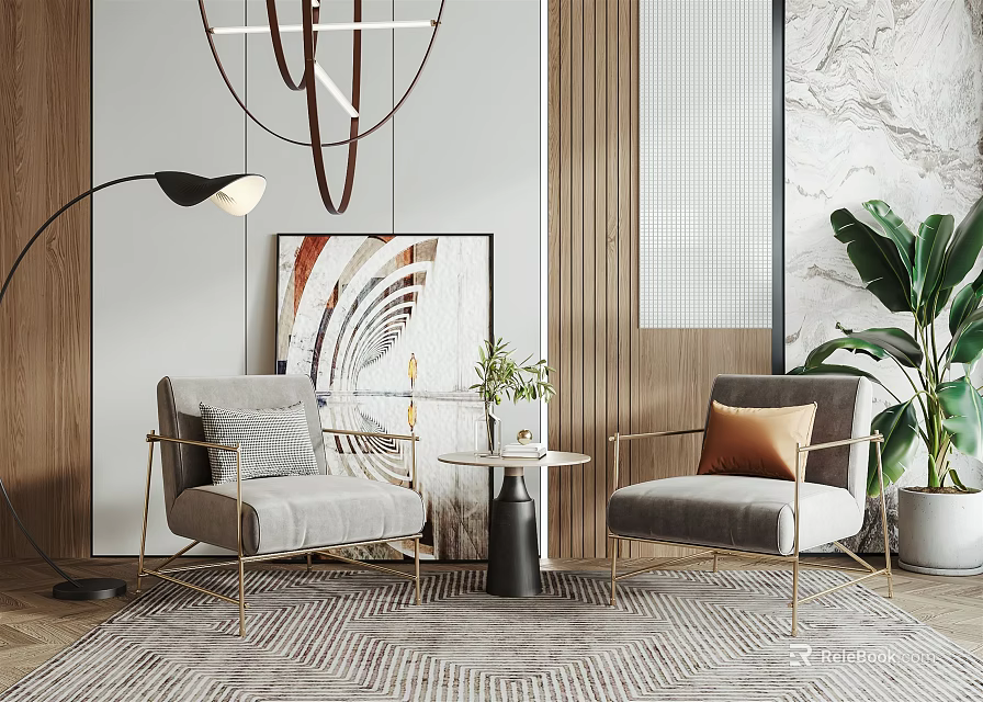 Modern Casual Sofa Set with Light Gray Upholstery Gold Legs Decorative Painting and Floor Lamp 3d model 