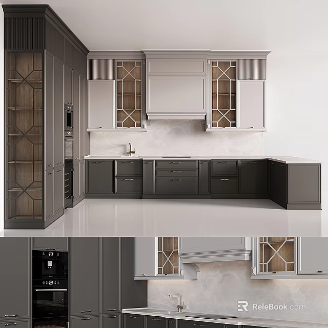 Modern Gray Kitchen Cabinets With Glass Door Design And Countertop 3d model 