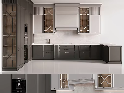 Modern Gray Kitchen Cabinets With Glass Door Design And Countertop 3d model