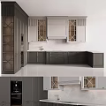 Modern Gray Kitchen Cabinets With Glass Door Design And Countertop
