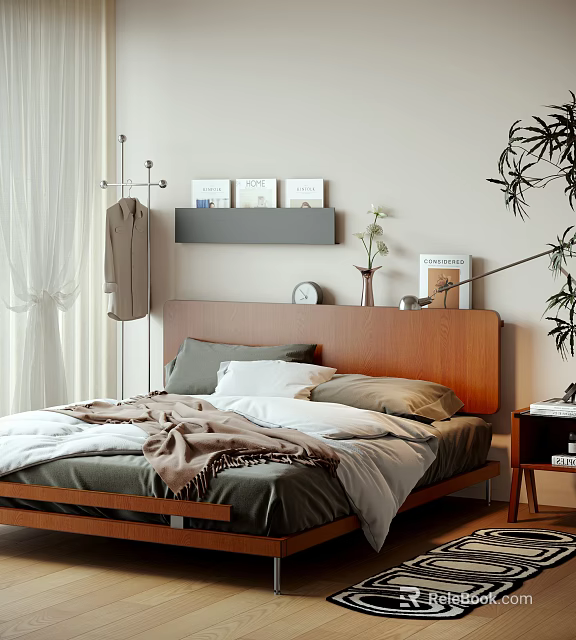 Double Bed with Wooden Headboard Soft Pillows Warm Blanket Nightstand Plant and Books on Shelf 3d model 