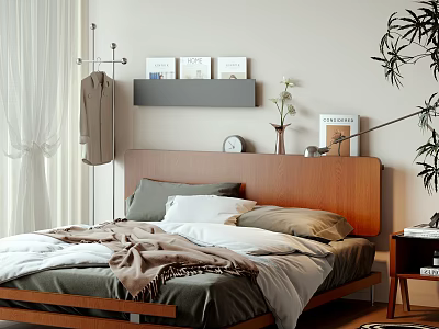 Double Bed with Wooden Headboard Soft Pillows Warm Blanket Nightstand Plant and Books on Shelf 3d model