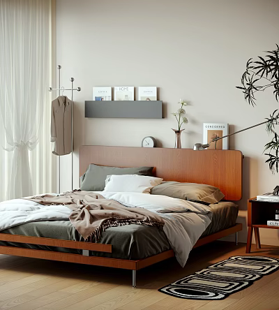 Double Bed with Wooden Headboard Soft Pillows Warm Blanket Nightstand Plant and Books on Shelf 3d model