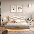 Modern Double Bed With Tufted Headboard Nightstand Decorative Art And Green Plants