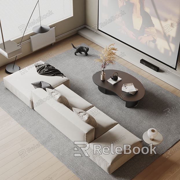 Sofa Coffee Table Combination Multi-Person Sand Publishing Art Sofa Side Table Coffee Table Floor Lamp Decoration Carpet Combination Projector model