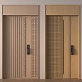 Wooden Security Door in Light Wood Color with Vertical Stripes Grid Pattern and Black Handle 3d model