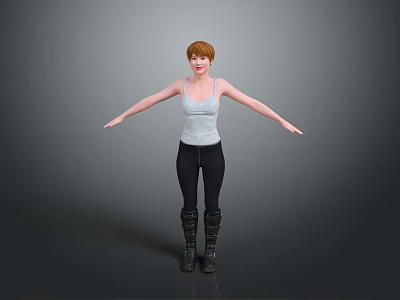 Red Haired Child Wearing White Tank Top Black Leggings Black Boots Arms Outstretched Gray Background 3d model