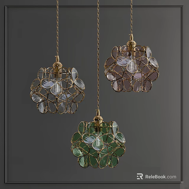 Artistic Flower Shaped Chandeliers With Metal Frames And Colored Glass Pieces 3d model 