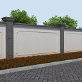 Modern Gray Garden Wall With Black Pillars Red Shrubs Gray Paving And Green Trees