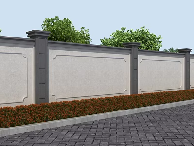 Modern Gray Garden Wall With Black Pillars Red Shrubs Gray Paving And Green Trees 3d model
