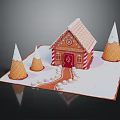Festive Gingerbread House With Red Door Cone Shaped Trees And White Snow Decorations