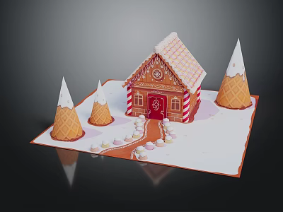 Festive Gingerbread House With Red Door Cone Shaped Trees And White Snow Decorations 3d model