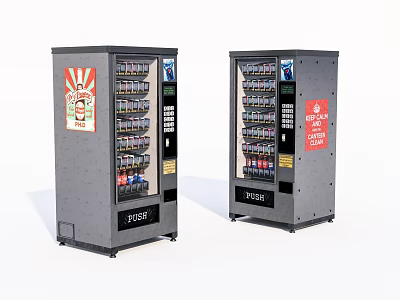Two Black Vending Machines With Beverage Dispensers And Brand Stickers 3d model