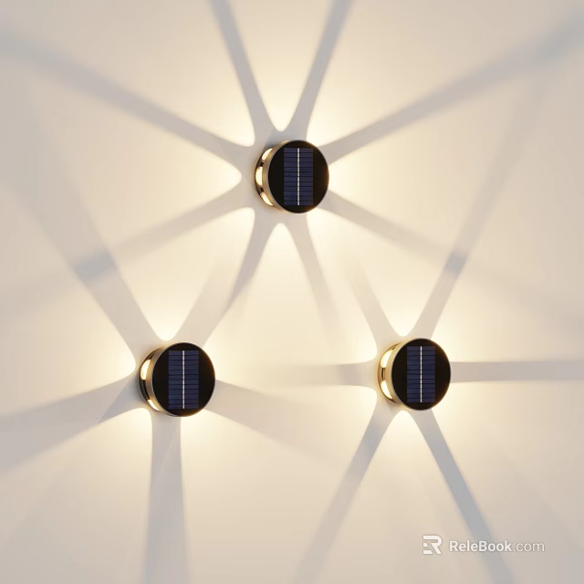 Round Wall Lamps With Gold Frame Black Panel On White Wall And Radial Light Shadows 3d model 
