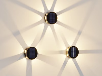 Round Wall Lamps With Gold Frame Black Panel On White Wall And Radial Light Shadows 3d model