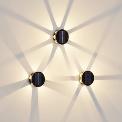Round Wall Lamps With Gold Frame Black Panel On White Wall And Radial Light Shadows 3d model