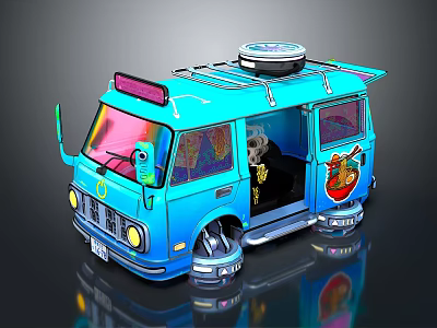 Colorful Blue Food Truck Interior Design With Cartoon Decorations And Open Door 3d model
