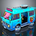 Colorful Blue Food Truck Interior Design With Cartoon Decorations And Open Door